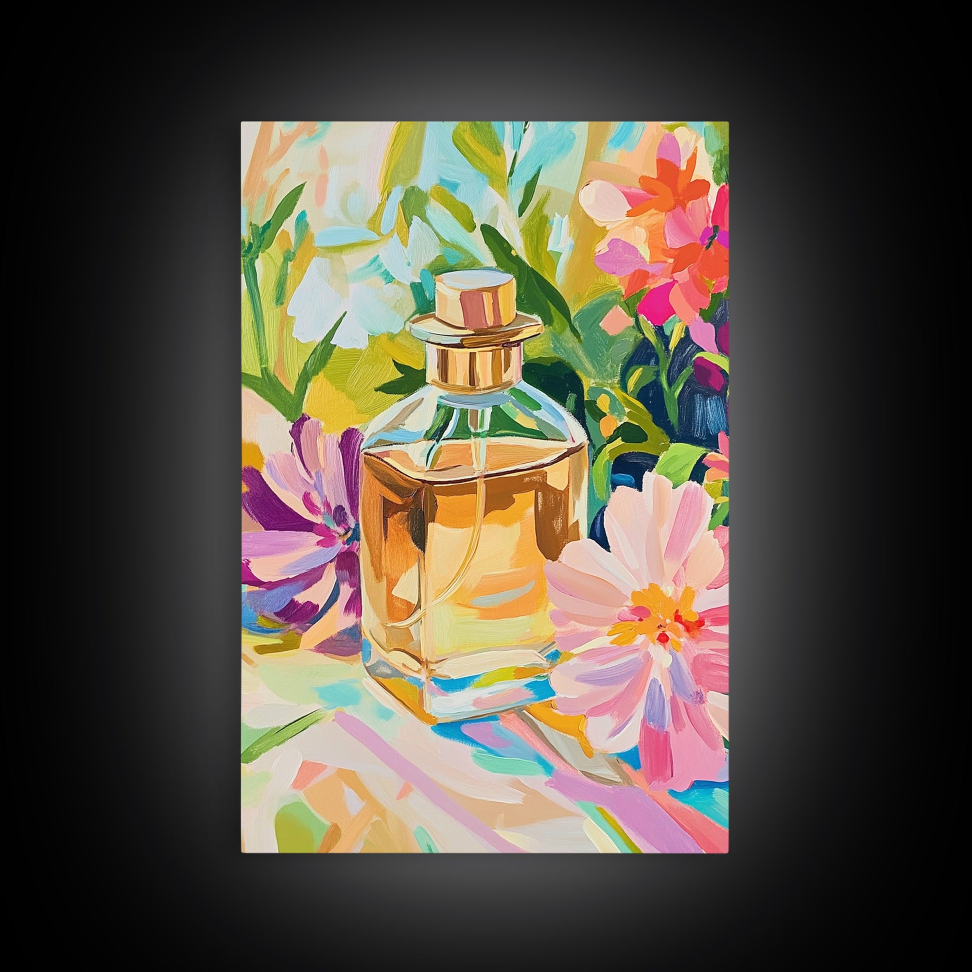 Golden Perfume Bottle With Pink Flowers Framed Canvas Print, Feminine Wall Art, Bathroom Decor, Floral Home Decor, Gift For Her