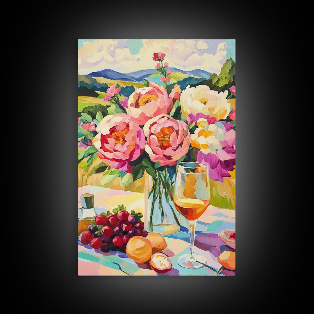 Pink Peony Bouquet With Wine And Grapes Canvas Print, French Country Kitchen Decor, Floral Wall Art, Housewarming Gift For Her