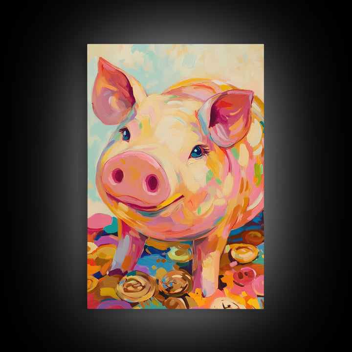 Smiling Pink Pig With Golden Coins Canvas Print, Cute Farm Animal Wall Art, Playful Nursery Decor, Whimsical Gift For Kids