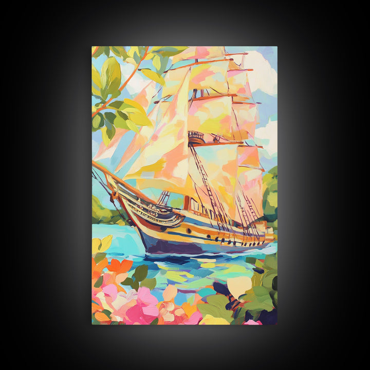 Tall Ship In Blooming Harbor Canvas Print, Nautical Sailboat Painting, Coastal Wall Art, Beach House Decor Gift For Her Home