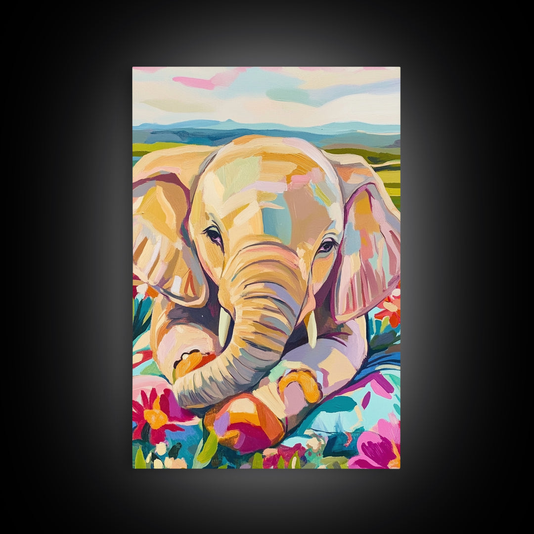 Baby Elephant With Flowers Canvas Print, Whimsical Animal Wall Art, Nursery Decor, Safari Nursery Art, Kids Room Decor, Gift