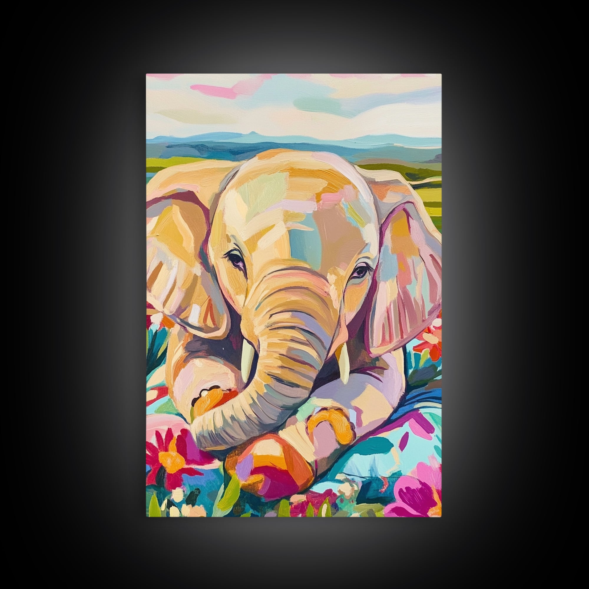 Baby Elephant With Flowers Canvas Print, Whimsical Animal Wall Art, Nursery Decor, Safari Nursery Art, Kids Room Decor, Gift
