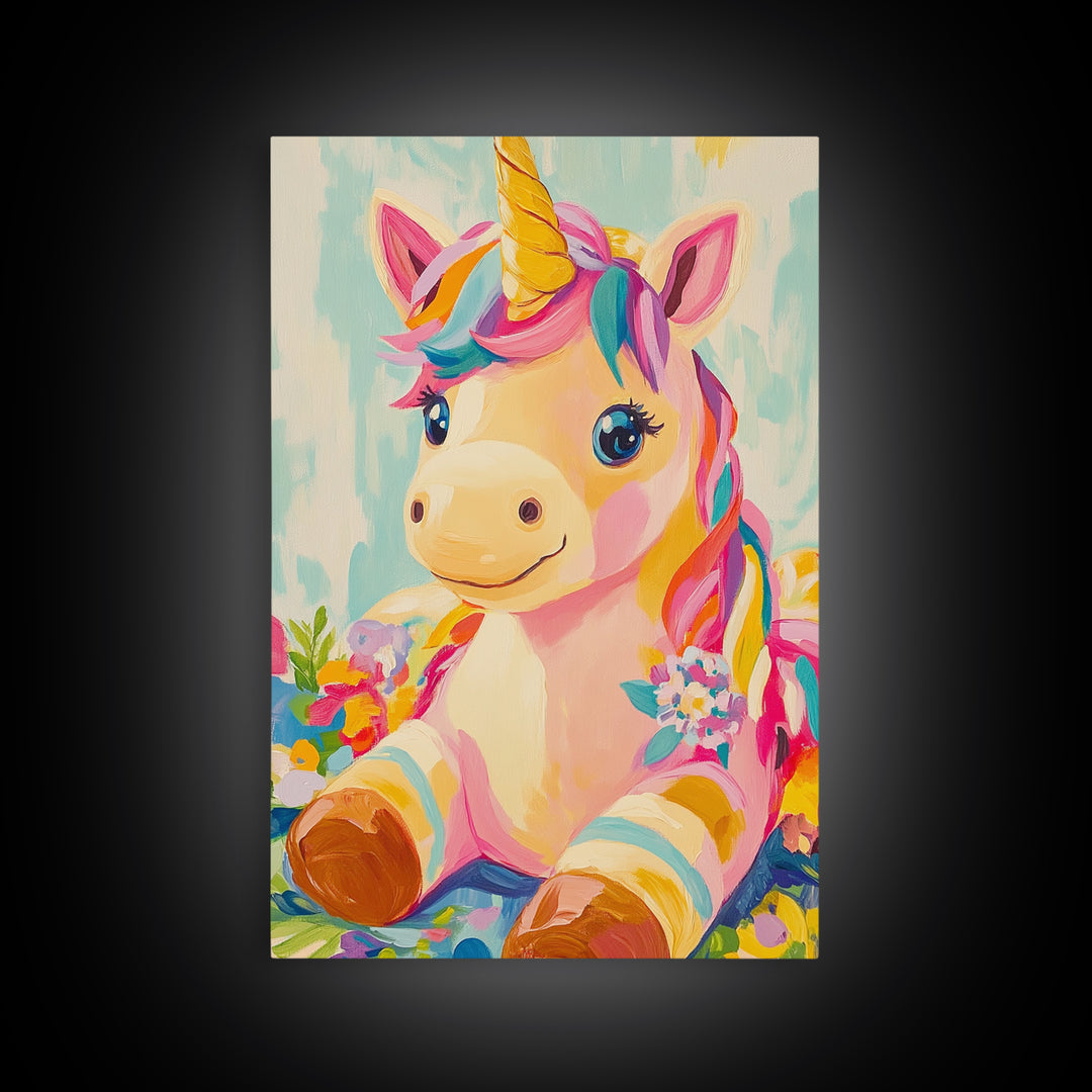 Cute Unicorn With Rainbow Mane Canvas Print, Whimsical Nursery Wall Art, Kids Room Decor, Baby Girl Nursery, Gift For Her