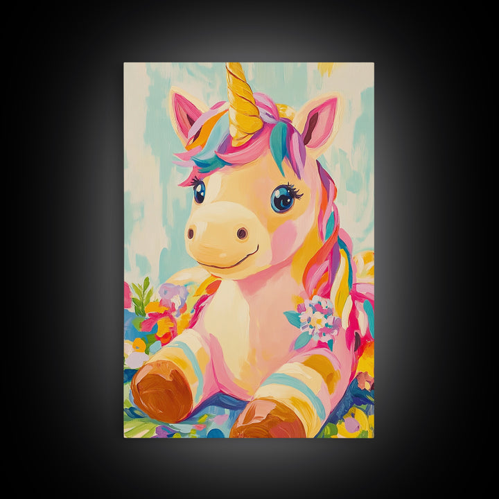 Cute Unicorn With Rainbow Mane Canvas Print, Whimsical Nursery Wall Art, Kids Room Decor, Baby Girl Nursery, Gift For Her