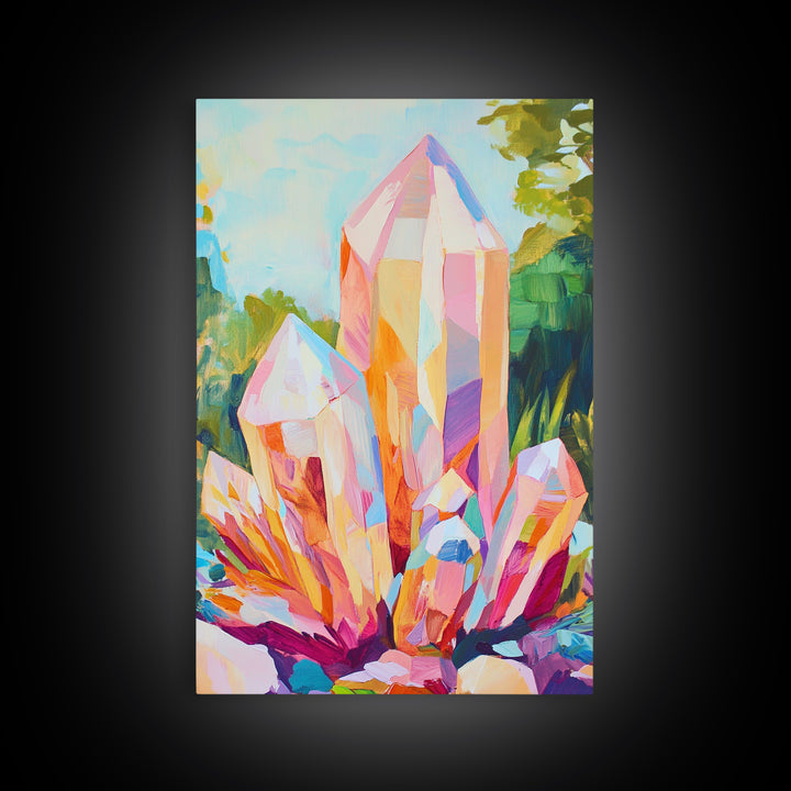 Pastel Crystal Cluster Framed Canvas Print, Celestial Wall Art, Mystical Home Decor, Spiritual Gift, Colorful Art Prints