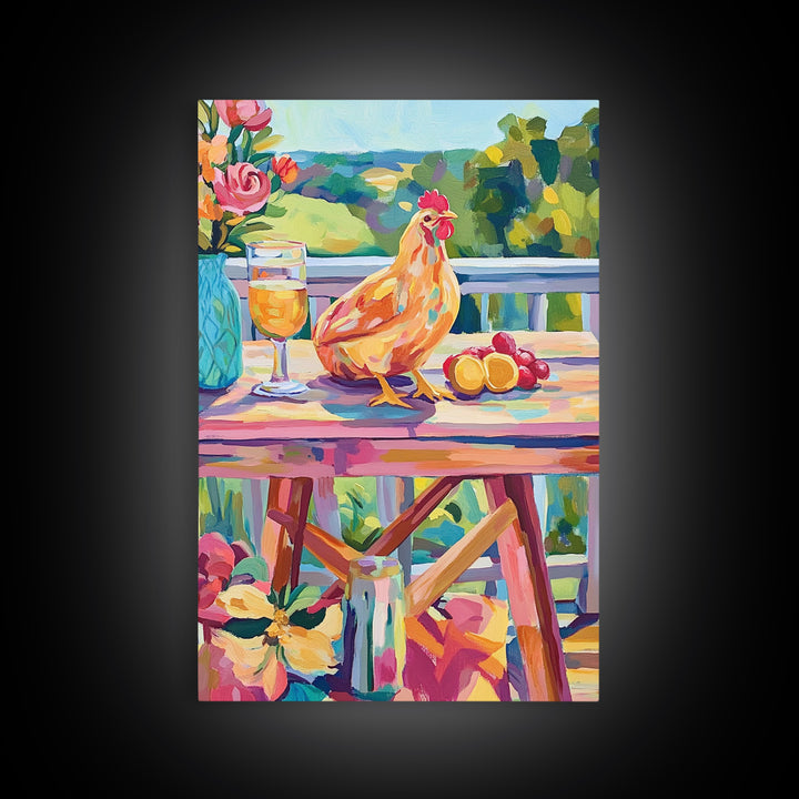 Sunny Chicken Patio Still Life Framed Canvas Print, Farmhouse Kitchen Wall Art, Country Decor, Wine And Fruit Housewarming Gift