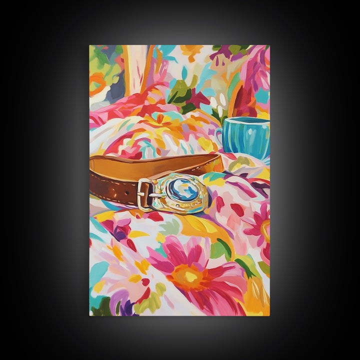 Gold Watch On Floral Bedding Canvas Print, Fashion Wall Art, Girly Bedroom Decor, Coquette Room Decor, Stylish Gift For Her