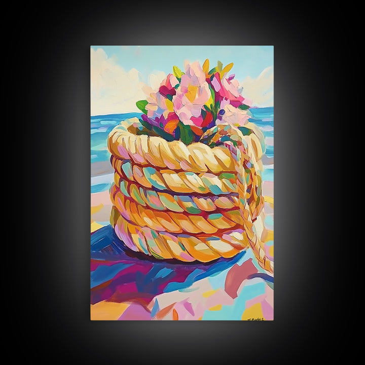 Rope Basket With Pink Beach Flowers Canvas Print, Coastal Wall Art, Beach House Decor, Tropical Ocean Living Room Decor Print