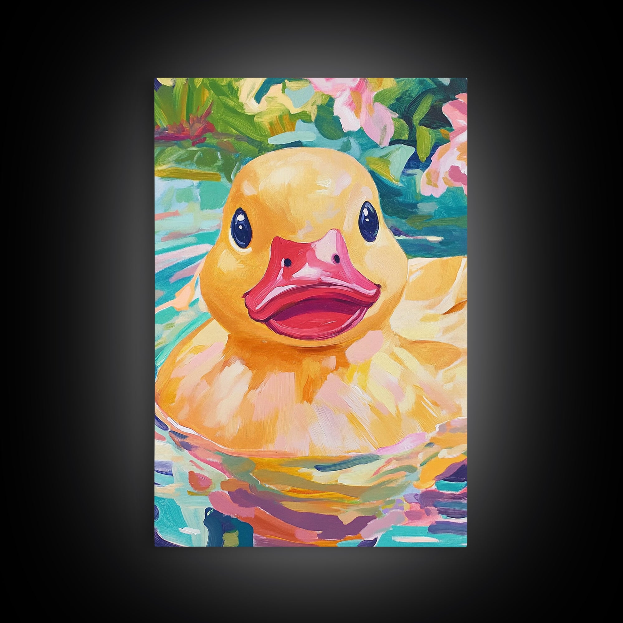 Smiling Yellow Duck In Garden Pond Wall Art, Whimsical Animal Art, Cute Bathroom Decor, Nursery Wall Art Print, Gift For Her