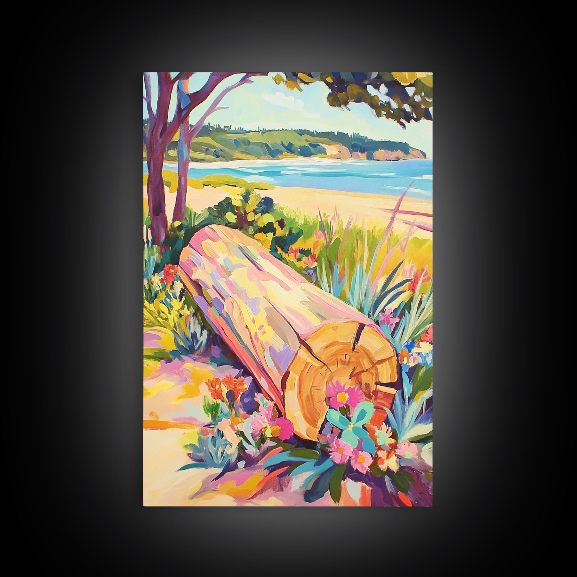 Sunlit Driftwood Log On Beach Wall Art, Coastal Landscape Canvas Print, Ocean Wall Decor, Beach House Art, Nature Wall Art