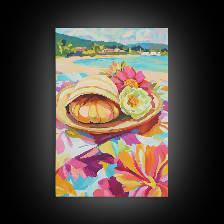 Scallop Shell And Pink Flowers By Turquoise Bay Canvas Print, Coastal Wall Art, Beach House Decor, Summer Kitchen Art, Gift For Her