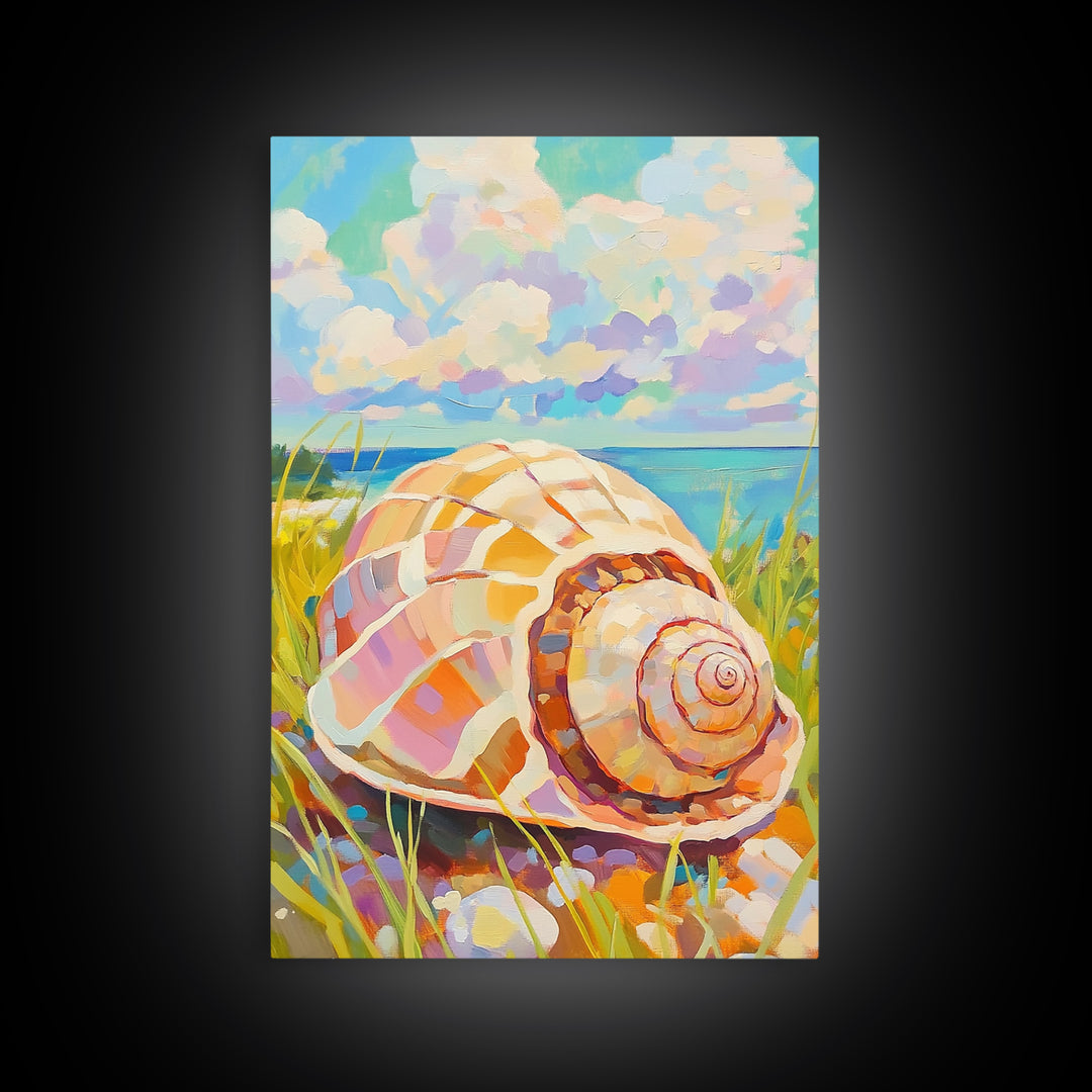 Pastel Conch Shell In Dune Grass Canvas Print, Coastal Wall Art, Beach House Decor, Ocean Wall Art, Summer Home Decor, Gift For Her