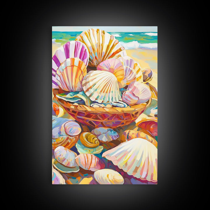 Basket Of Pastel Seashells On Beach Wall Art, Coastal Wall Decor, Beach House Decor, Ocean Art Print, Nautical Home Decor