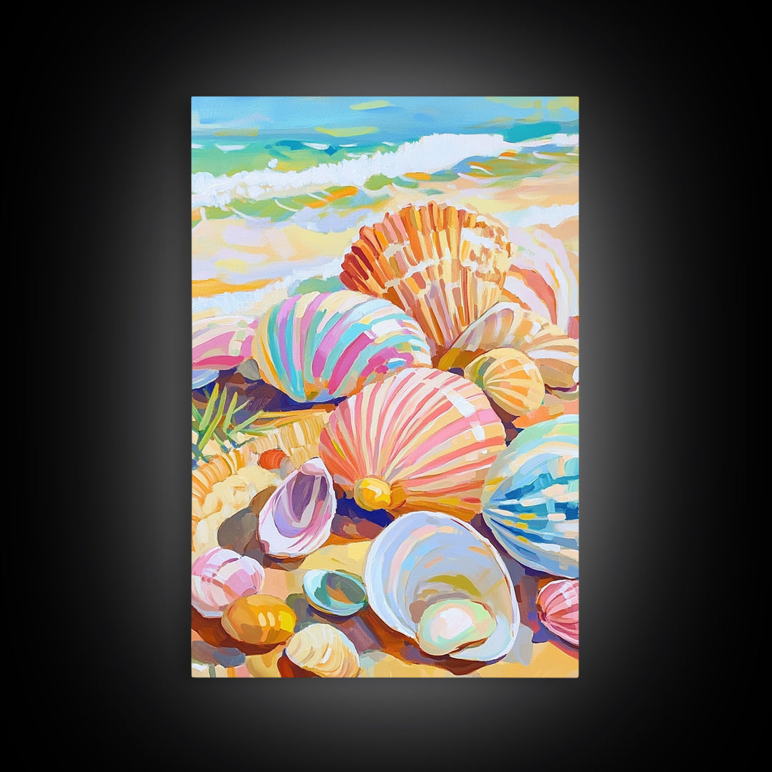 Pastel Seashells Scattered On Sunny Beach Framed Canvas Print, Coastal Wall Art, Ocean Wall Decor, Beach House Gift For Her