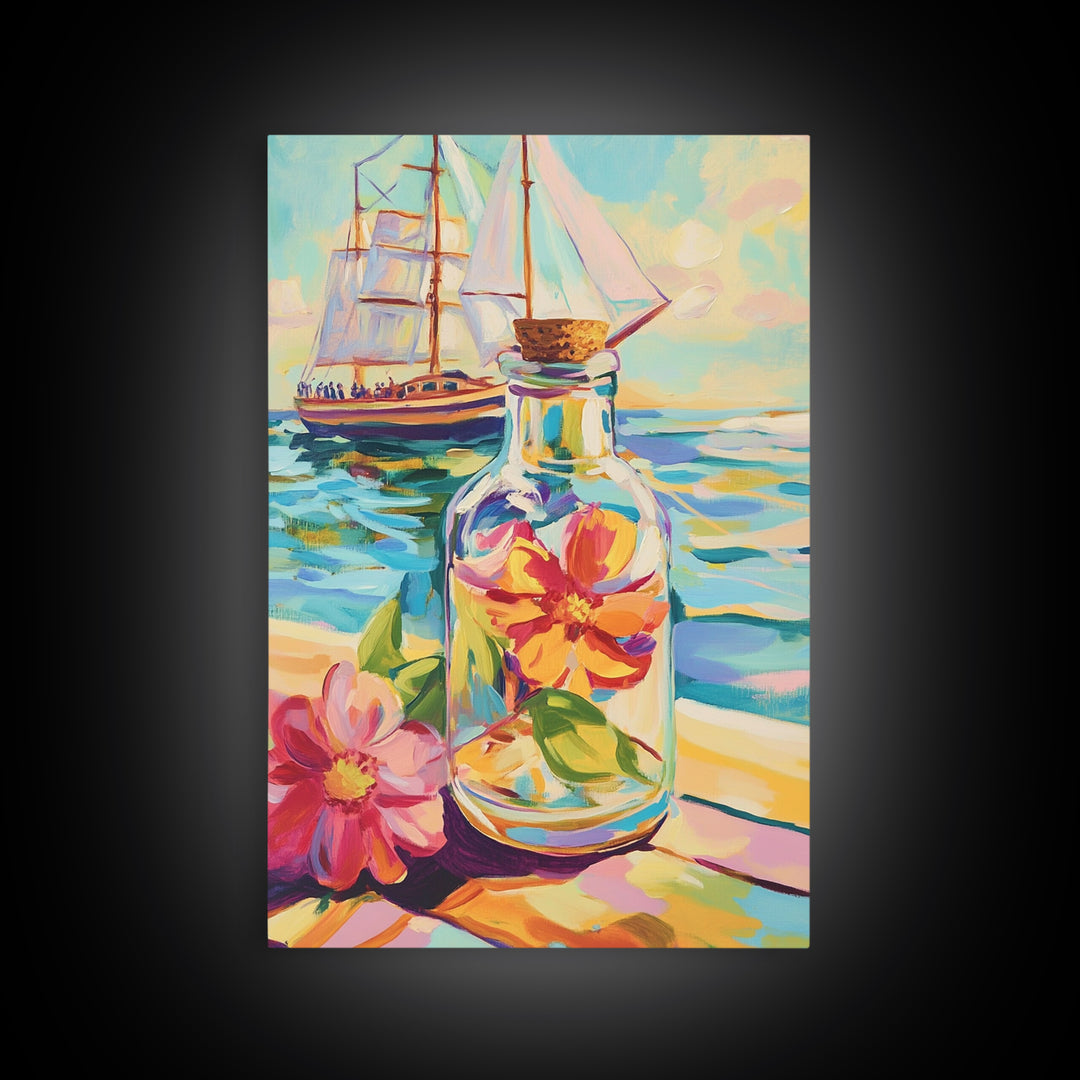 Sailboat And Flower In Glass Bottle Canvas Print, Nautical Wall Art, Coastal Wall Decor, Ocean Art, Beach House Decor, Gift For Her
