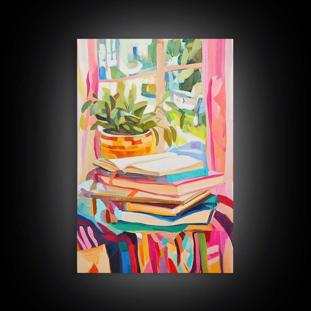 Stacked Books And Window Plant Wall Art, Cozy Reading Nook Decor, Book Lover Gift, Library Wall Art, Home Office Decor Print