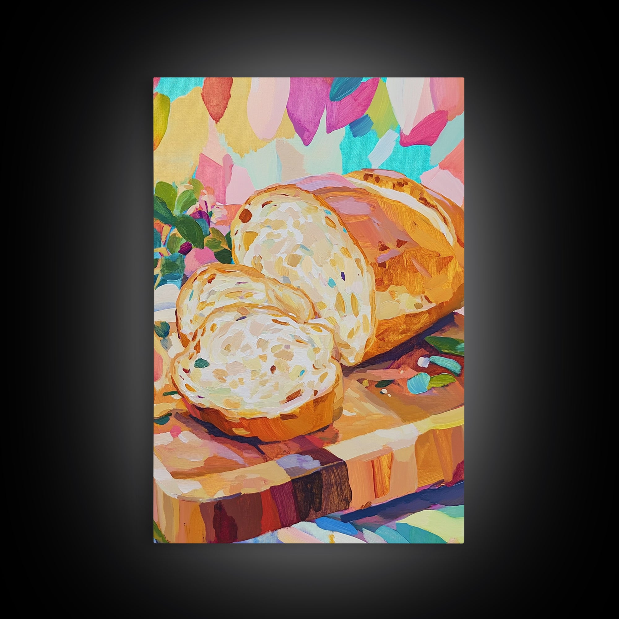 Sliced Artisan Bread On Wooden Board Canvas Print, Kitchen Wall Art, Food Illustration, Rustic Kitchen Decor, Gift For Baker