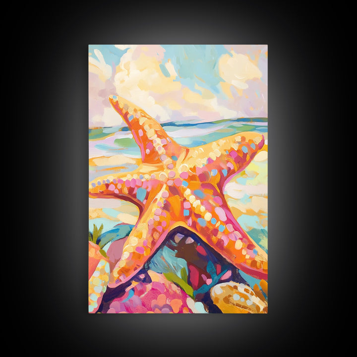 Bright Orange Starfish On Sunny Beach Wall Art, Coastal Canvas Print, Ocean Wall Decor, Beach House Gift, Tropical Art, Seaside Decor