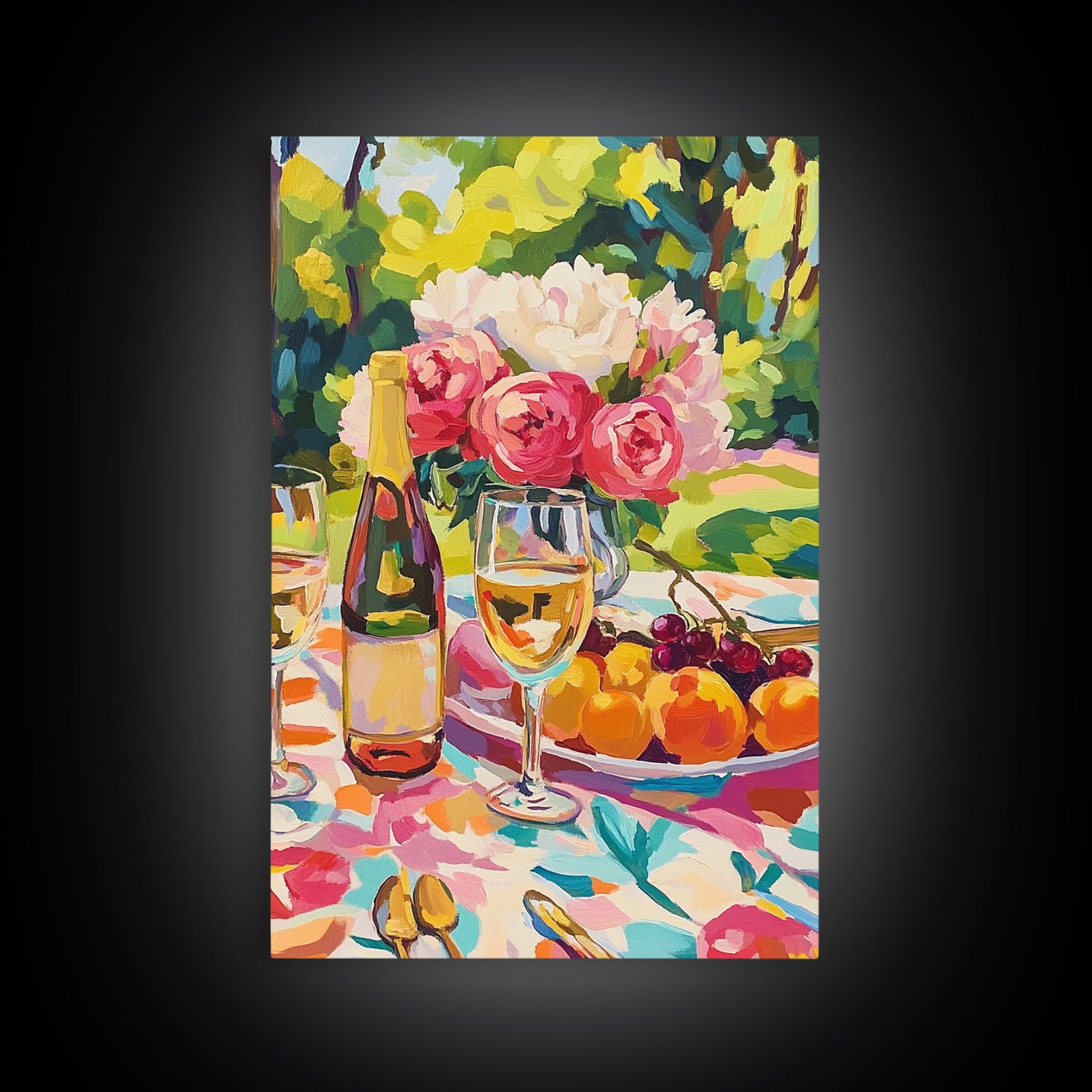 Garden Wine Still Life With Cherries Framed Canvas Print, Dining Room Wall Art, Floral Kitchen Decor, Wine Lover Gift, Hostess Gift