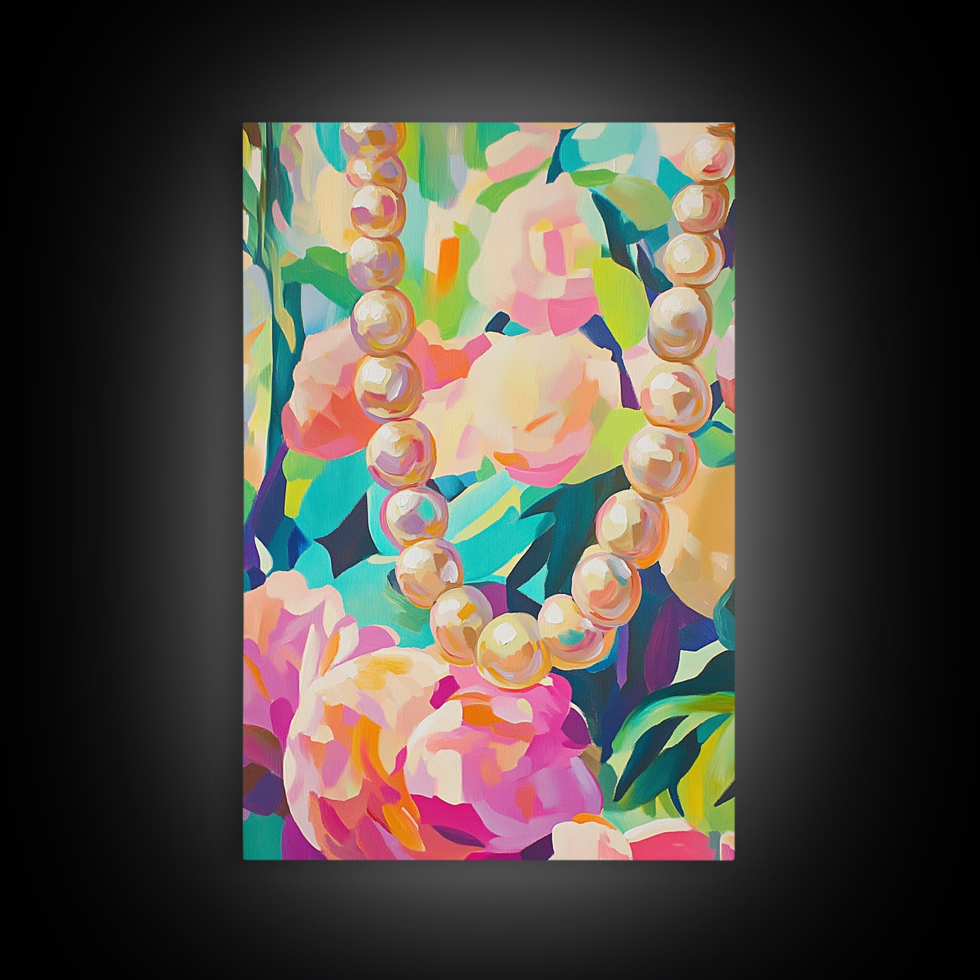 Pearl Necklace On Lush Floral Background Framed Canvas Print, Feminine Wall Art, Coquette Room Decor, Gift For Her, Romantic Bedroom Art