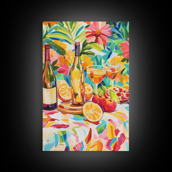 Garden Wine Bottles With Citrus Canvas Print, Colorful Kitchen Wall Art, Dining Room Decor, Wine Lover Housewarming Gift