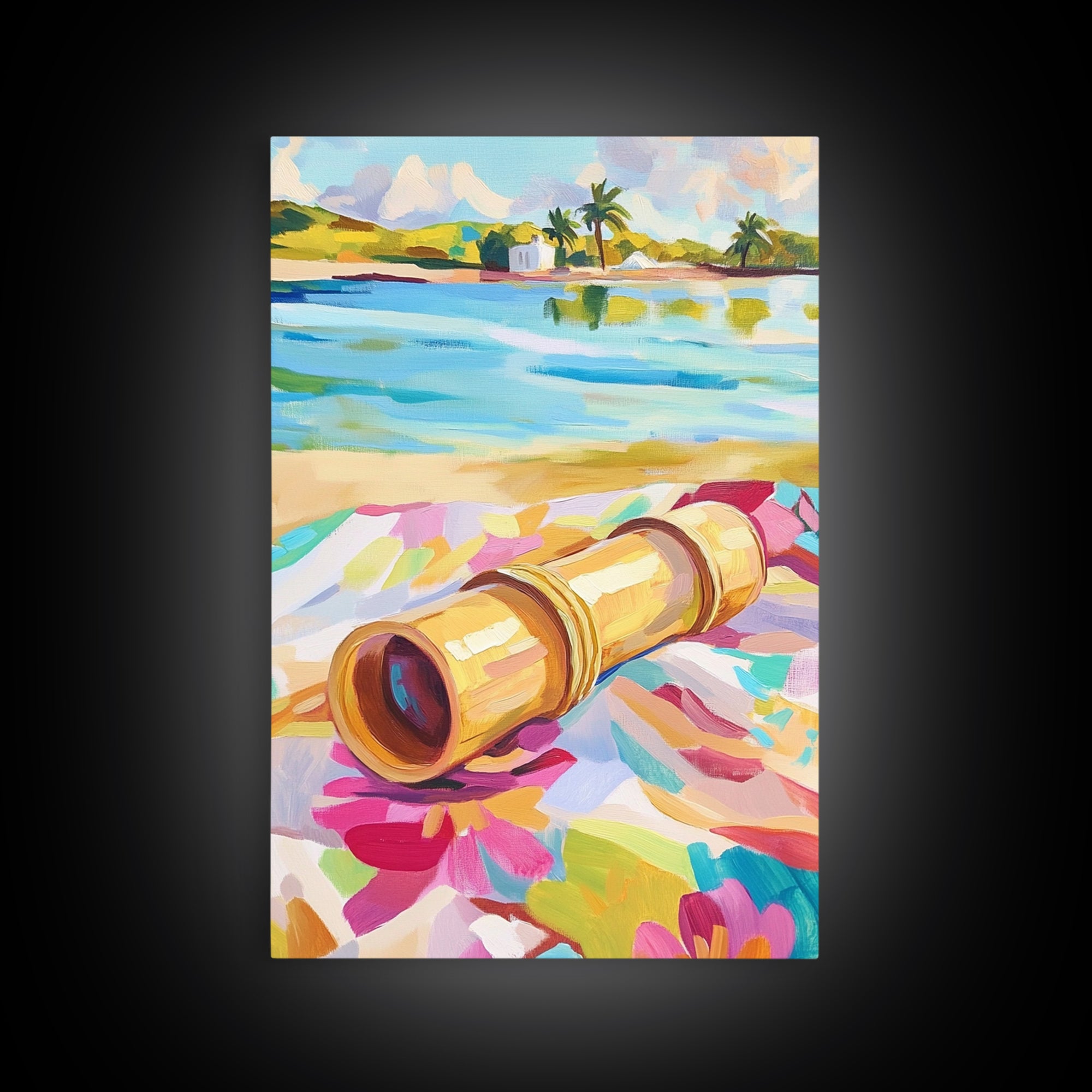 Brass Telescope On Tropical Beach Towel Wall Art, Colorful Coastal Canvas, Summer Travel Decor, Beach House Living Room Print