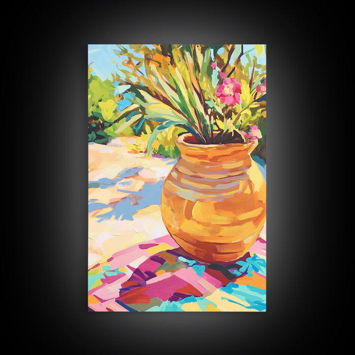 Terracotta Pot With Tropical Garden Plants Framed Canvas Print, Colorful Botanical Wall Art, Boho Patio Decor, Housewarming Gift