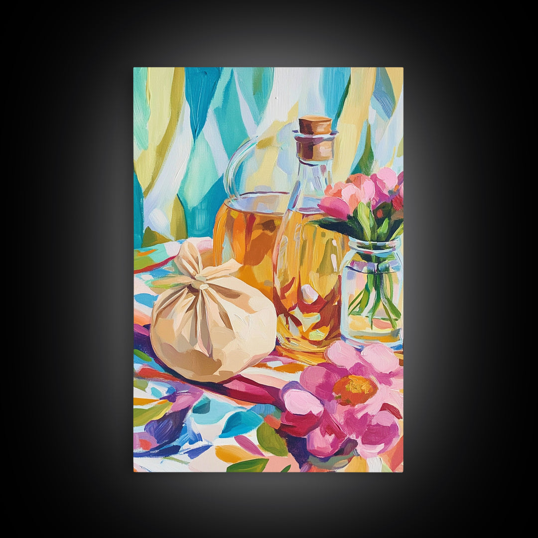 Olive Oil Bottles And Garlic Still Life Canvas Print, Colorful Kitchen Wall Art, Mediterranean Decor, Foodie Housewarming Gift
