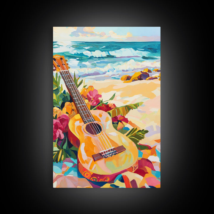 Tropical Guitar On Sunny Beach Canvas Print, Coastal Wall Art, Ocean Music Decor, Beach House Gift For Music Lover, Living Room Wall Art