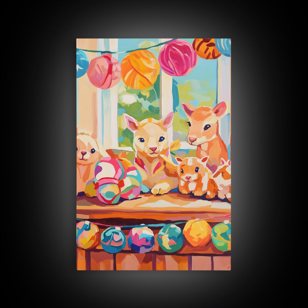 Pastel Nursery Farm Animal Toys Framed Canvas Print, Whimsical Animal Wall Art, Kids Room Decor, Baby Shower Gift, Nursery Decor