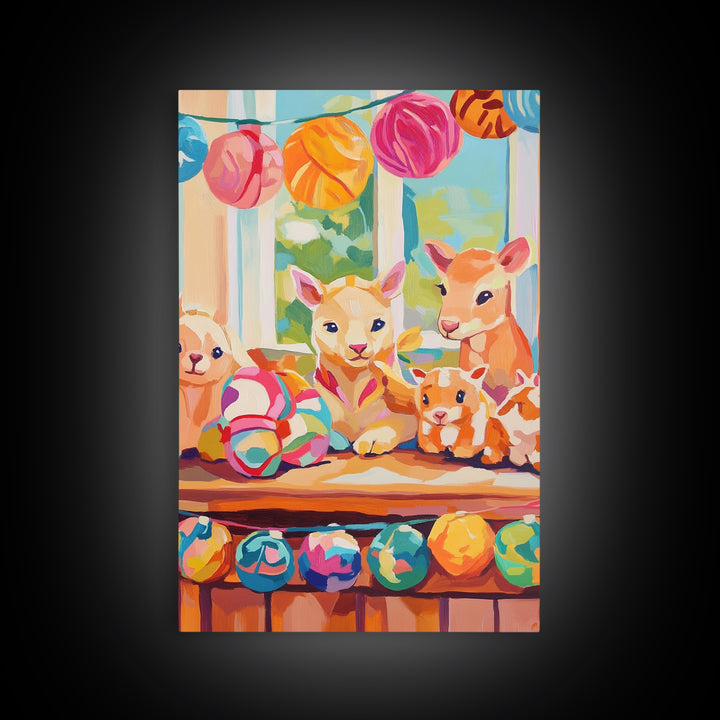 Pastel Nursery Farm Animal Toys Framed Canvas Print, Whimsical Animal Wall Art, Kids Room Decor, Baby Shower Gift, Nursery Decor