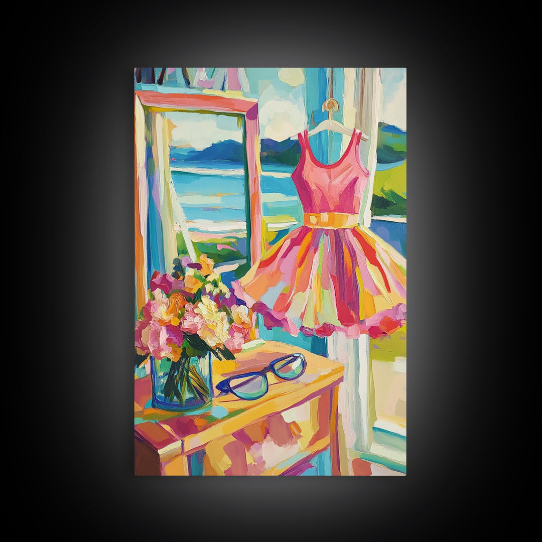 Pink Summer Dress By Lake Framed Canvas Print, Feminine Wall Art, Coastal Home Decor, Romantic Bedroom Art, Gift For Her