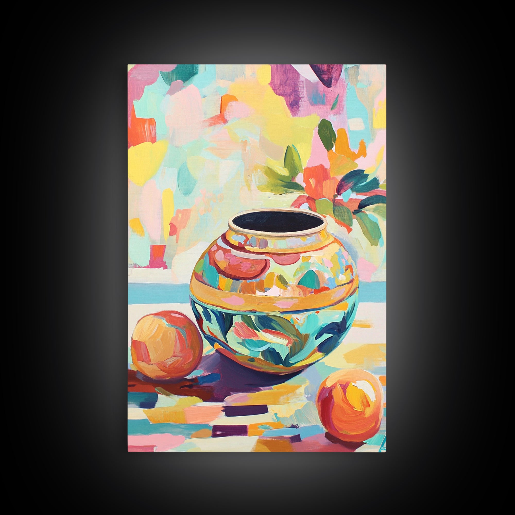 Colorful Ceramic Vase Still Life Wall Art, Fruit And Flower Canvas Print, Eclectic Home Decor, Kitchen Art, Housewarming Gift