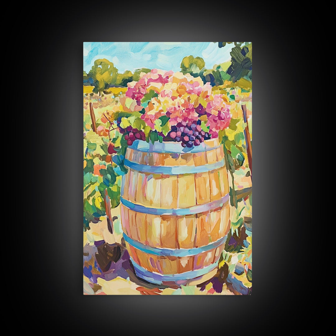 Wine Barrel With Grapes And Hydrangeas Framed Canvas Print, Vineyard Wall Art, Rustic Kitchen Decor, Wine Lover Gift, Home Decor