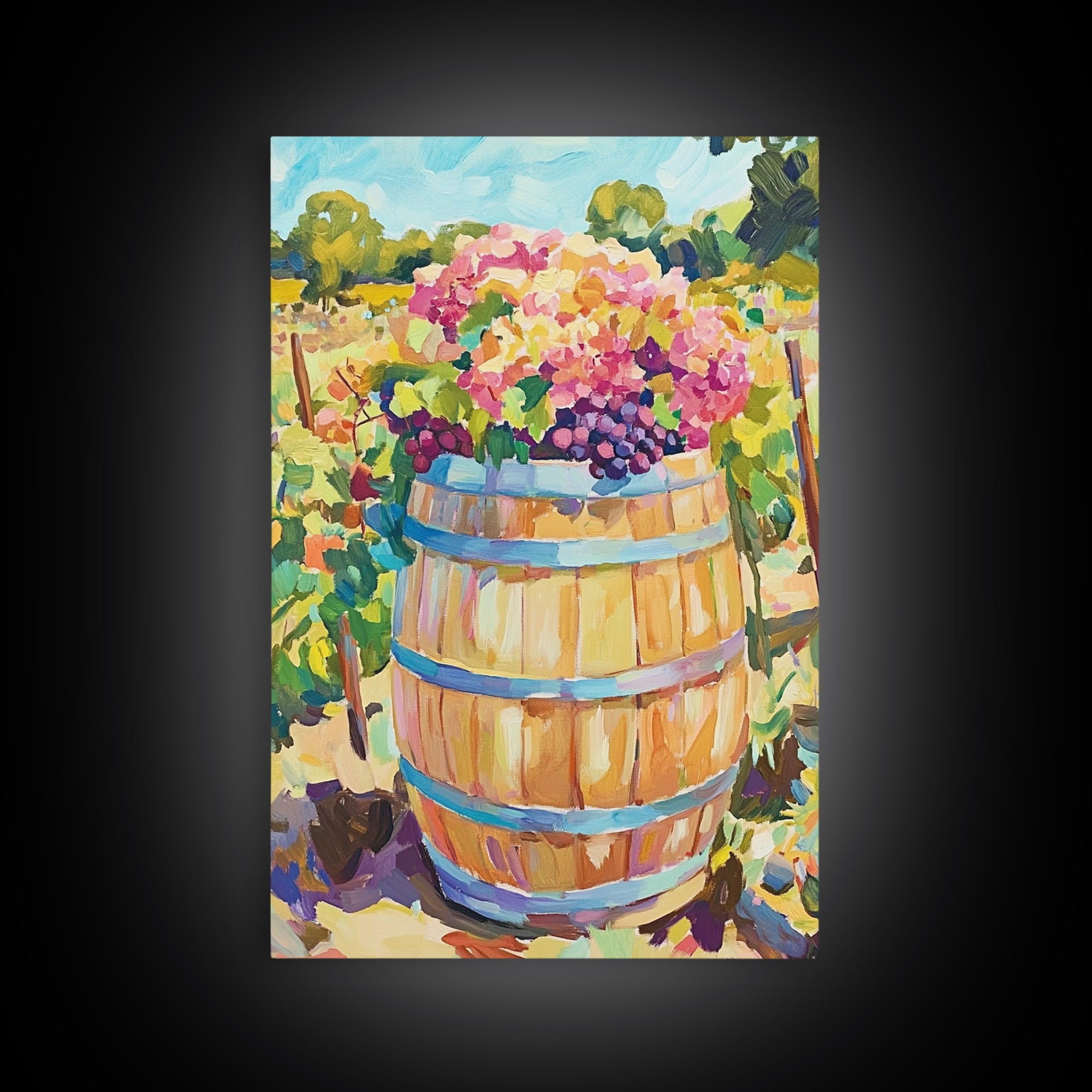 Wine Barrel With Grapes And Hydrangeas Framed Canvas Print, Vineyard Wall Art, Rustic Kitchen Decor, Wine Lover Gift, Home Decor