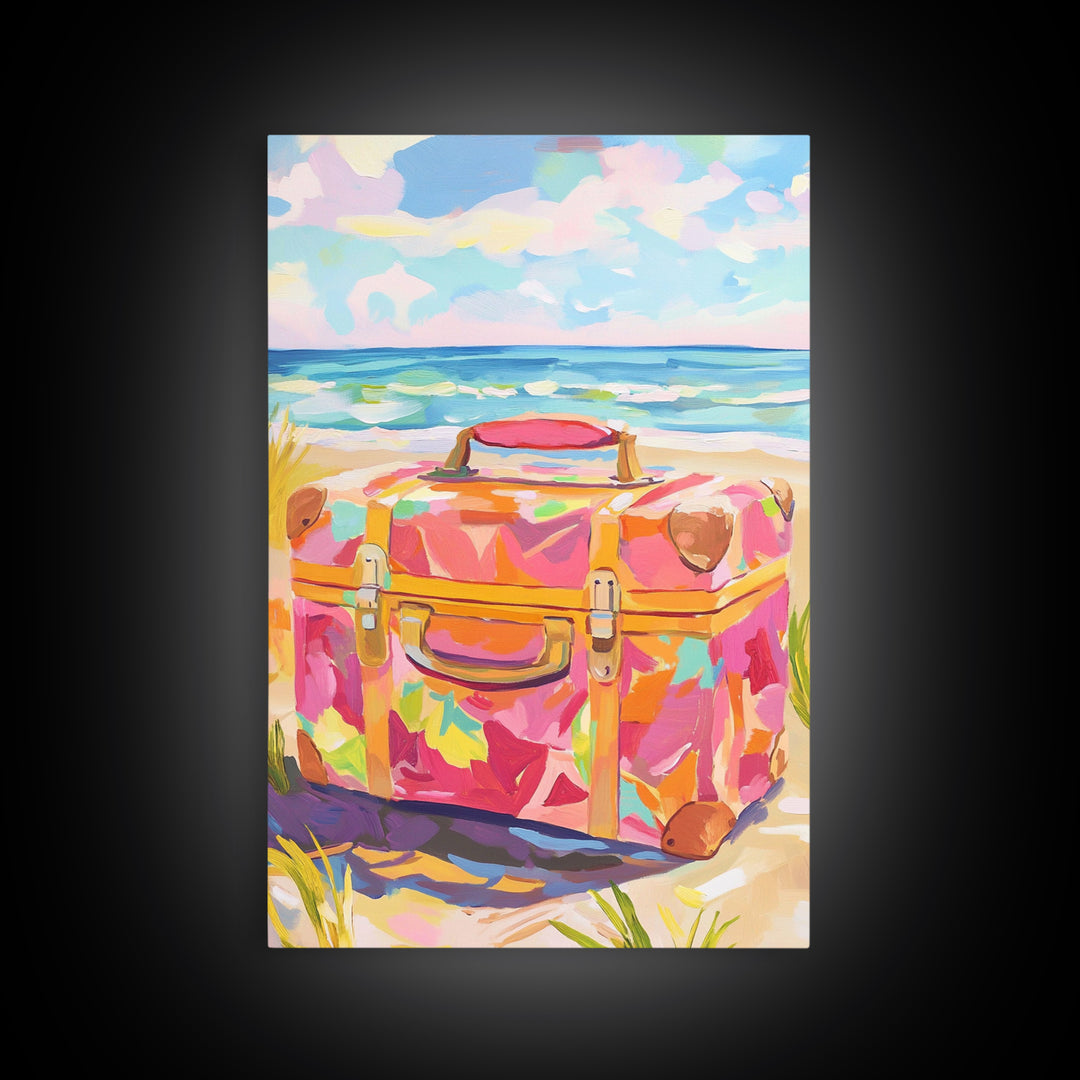 Floral Suitcase On Sunny Beach Canvas Print, Coastal Wall Art, Beach House Decor, Travel Poster, Summer Gift For Her, Ocean Wall Decor