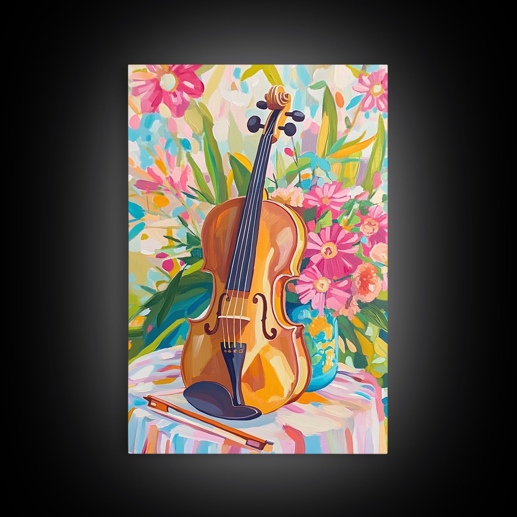 Violin With Pink Garden Flowers Framed Canvas Print, Music Wall Art, Floral Wall Decor, Gift For Music Lover, Fine Art Print