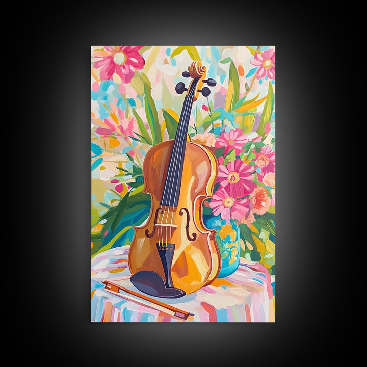 Violin With Pink Garden Flowers Framed Canvas Print, Music Wall Art, Floral Wall Decor, Gift For Music Lover, Fine Art Print