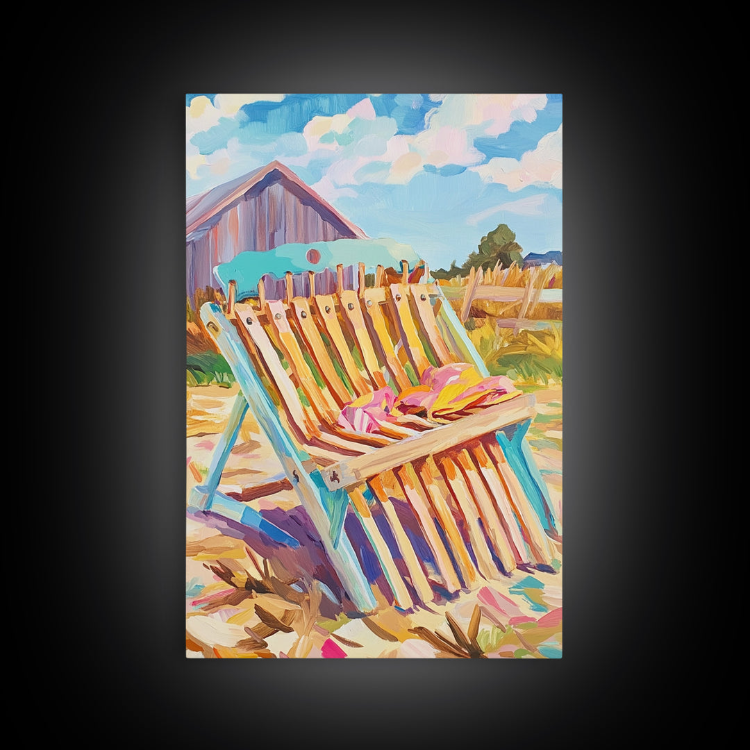 Striped Beach Chair By Rustic Barn Framed Canvas Print, Coastal Farmhouse Wall Art, Summer Patio Decor, Beach House Gift