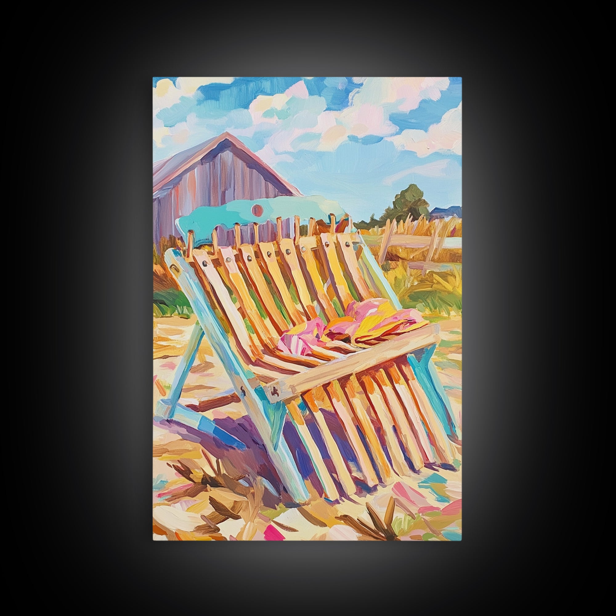 Striped Beach Chair By Rustic Barn Framed Canvas Print, Coastal Farmhouse Wall Art, Summer Patio Decor, Beach House Gift
