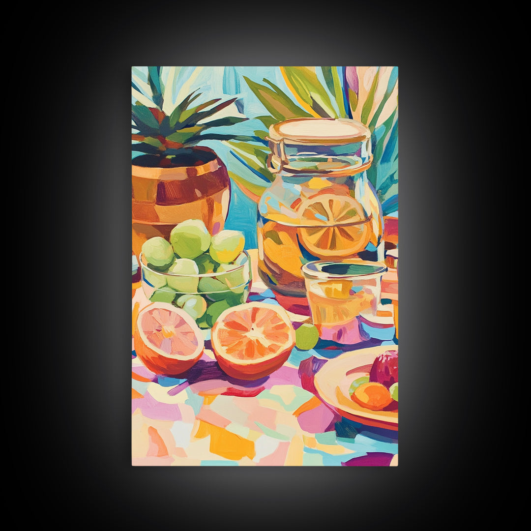 Sunlit Citrus Jar With Limes And Grapefruit Canvas Print, Colorful Kitchen Wall Art, Tropical Home Decor, Food Art Print