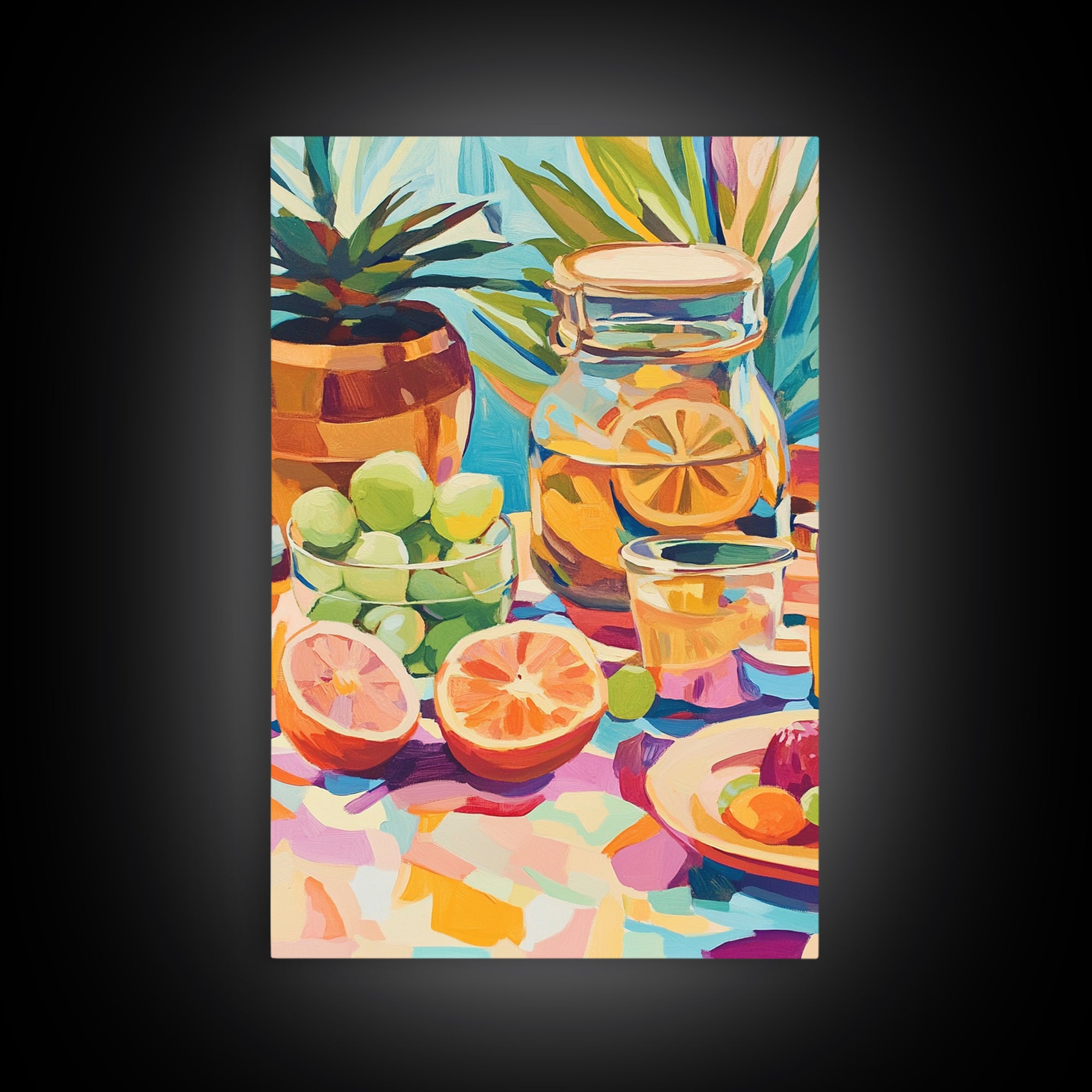 Sunlit Citrus Jar With Limes And Grapefruit Canvas Print, Colorful Kitchen Wall Art, Tropical Home Decor, Food Art Print