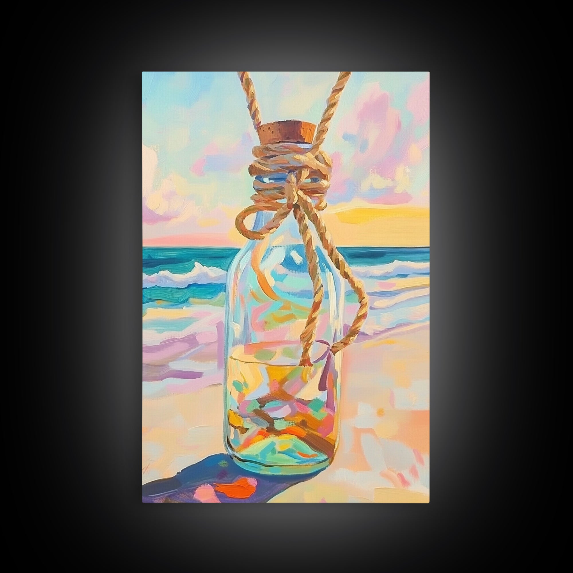 Glass Message Bottle Tied With Rope Canvas Print, Coastal Wall Art, Beach House Decor, Ocean Sunset Print, Nautical Gift