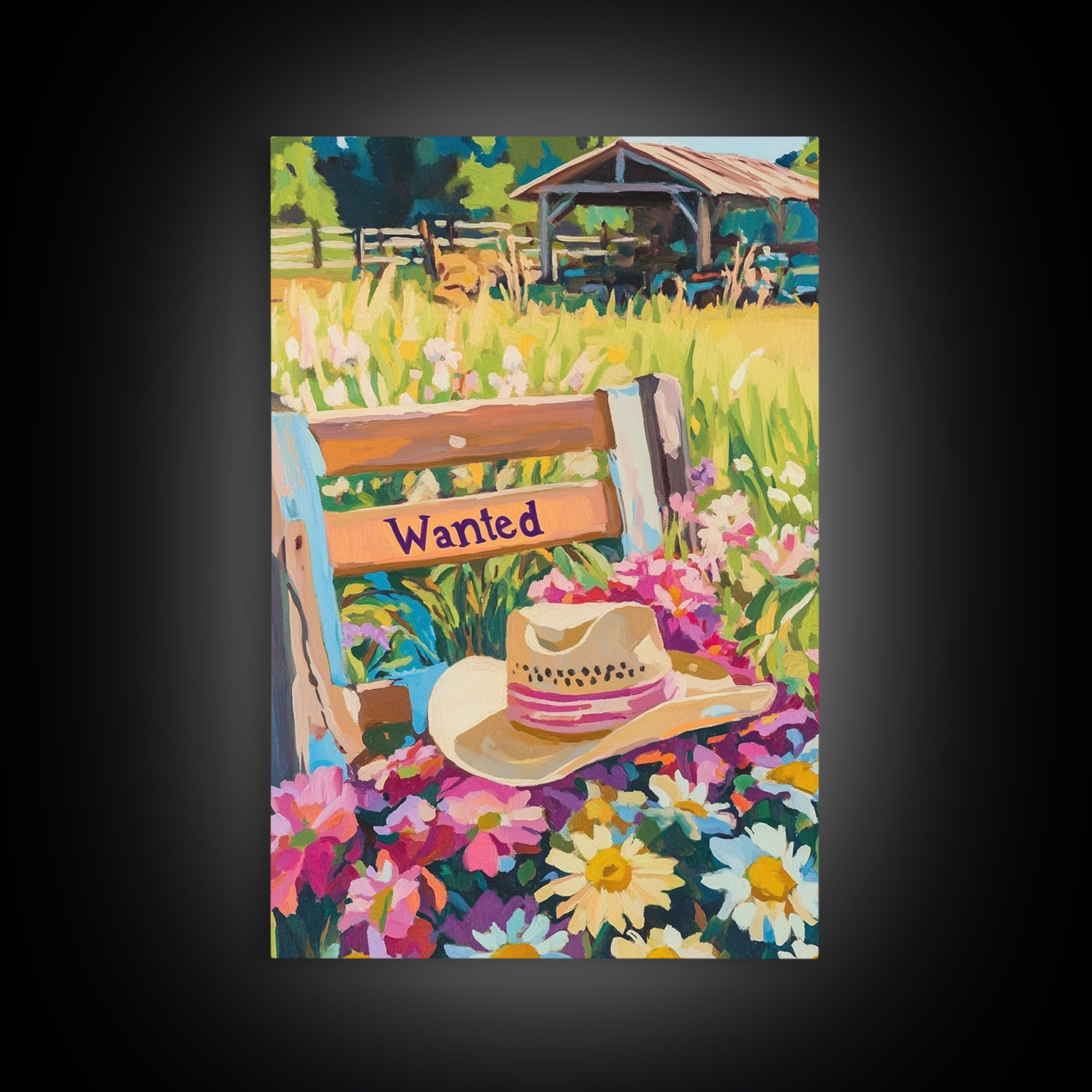 Cowboy Hat Wanted Bench Wall Art, Western Wildflower Farm Decor, Rustic Ranch Canvas Print, Country Housewarming Gift, Wall Decor