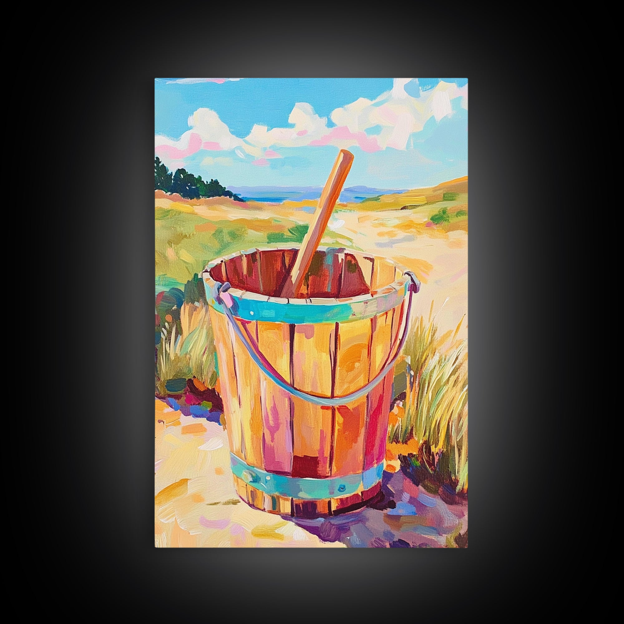 Wooden Beach Bucket And Dunes Wall Art, Coastal Canvas Print, Nautical Beach House Decor, Summer Seascape Gift, Ocean Wall Decor