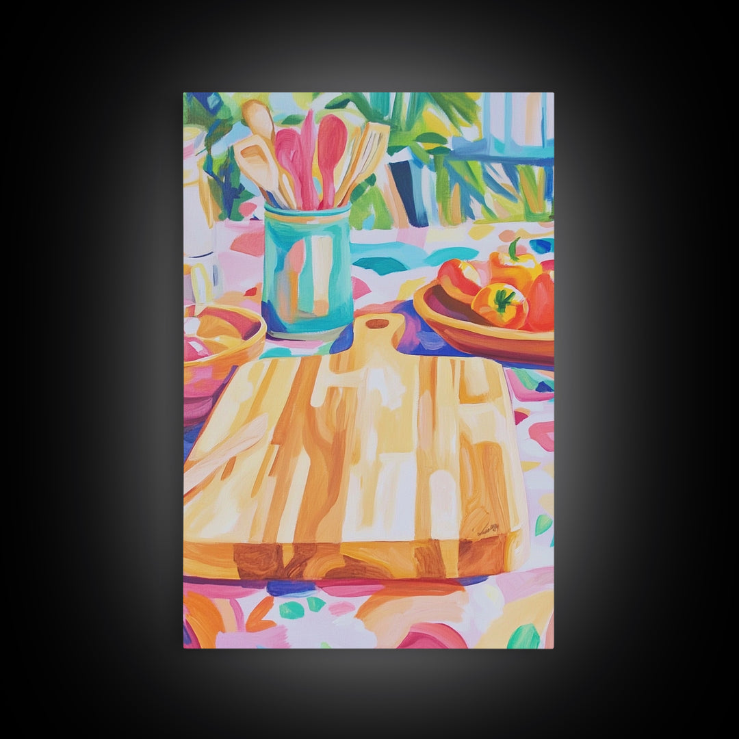 Sunlit Cutting Board Kitchen Wall Art, Colorful Tomato Still Life Canvas Print, Farmhouse Kitchen Decor, Food Lover Gift