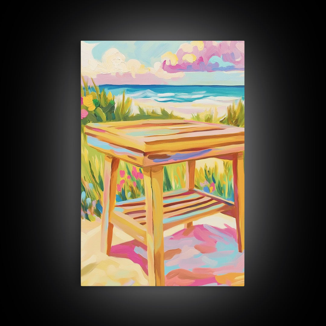 Sunny Beachside Wooden Table Canvas Print, Coastal Wall Art, Ocean Landscape Decor, Beach House Decor, Housewarming Gift