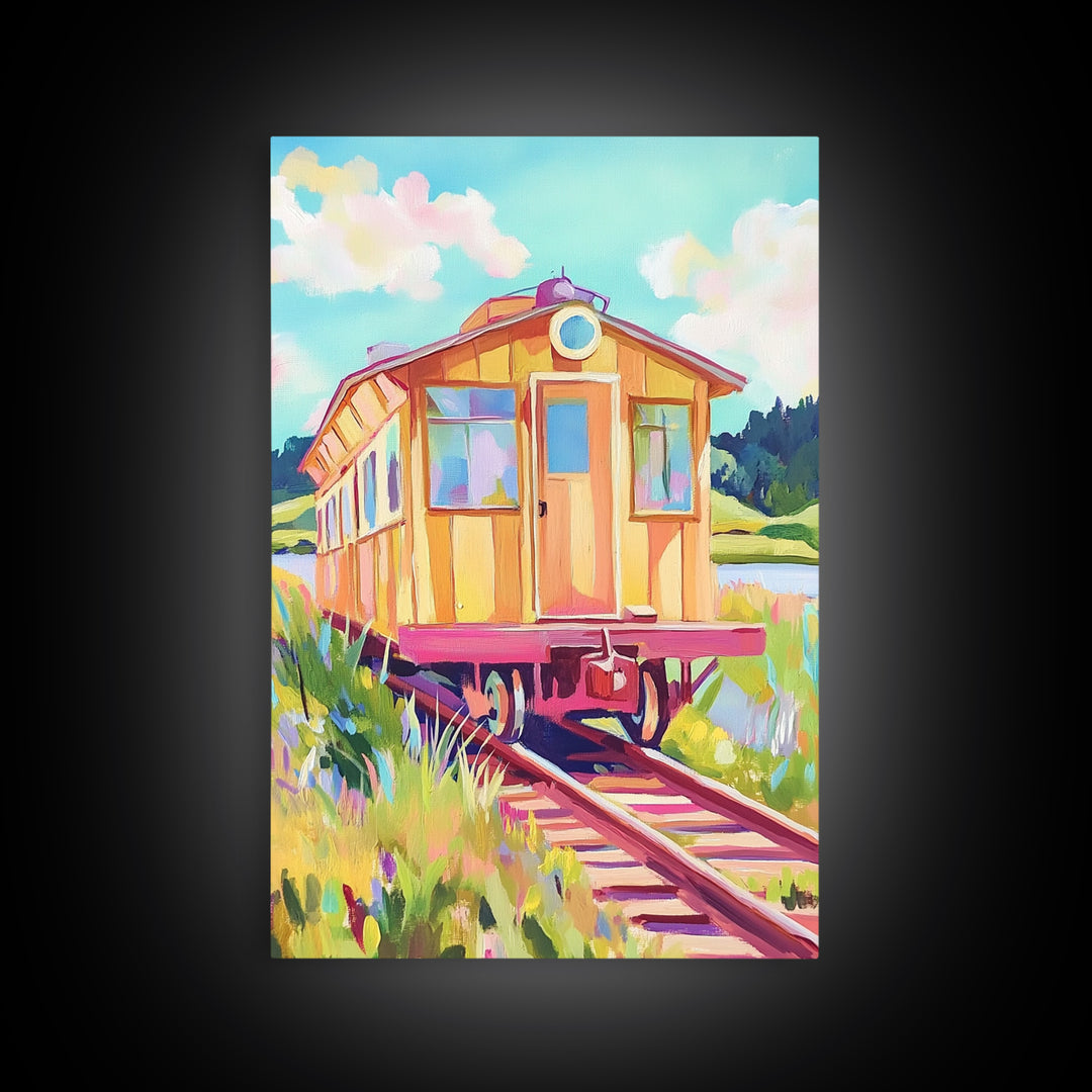 Yellow Railcar On Meadow Tracks Wall Art, Whimsical Travel Poster, Colorful Landscape Canvas Print, Eclectic Home Decor Gift
