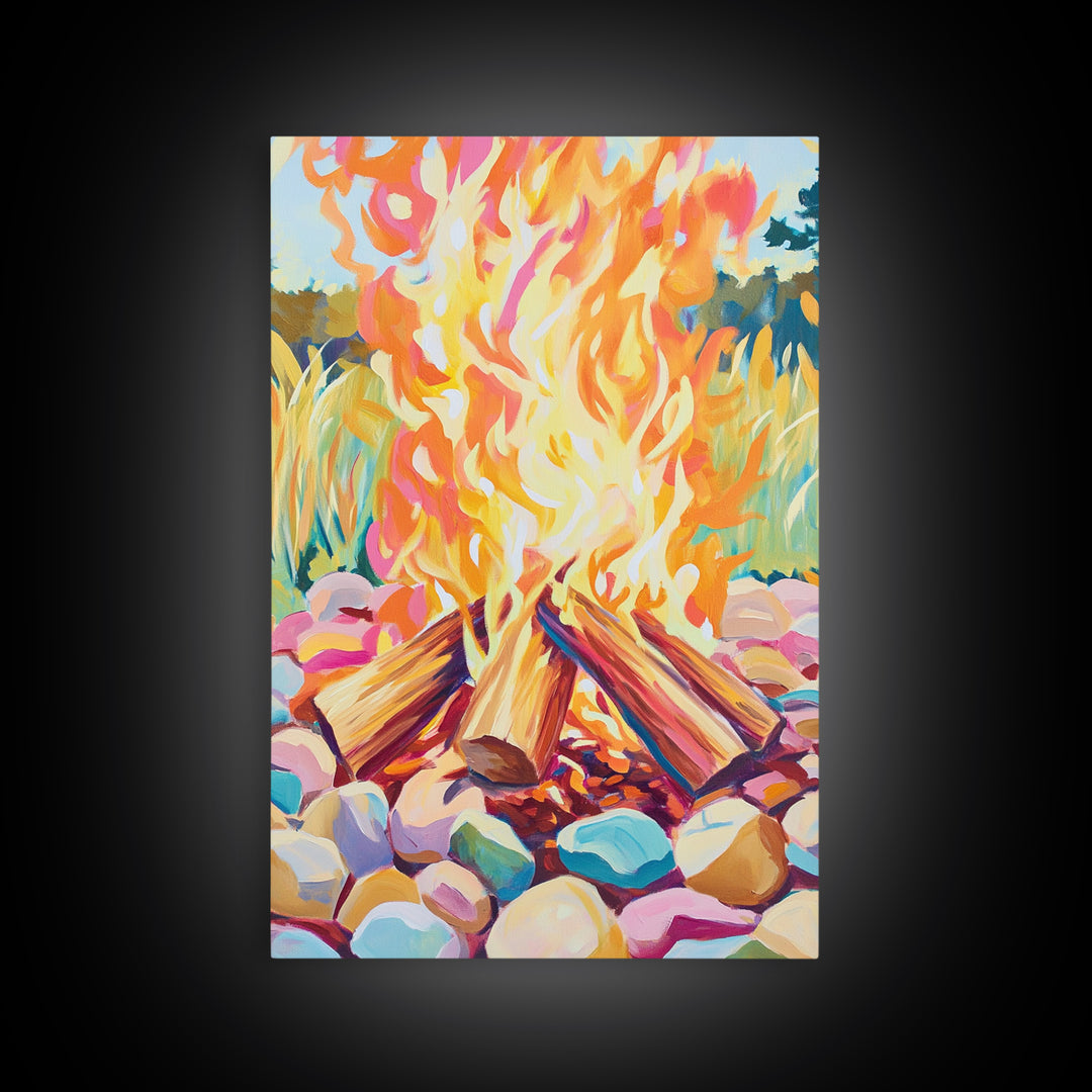 Vibrant Campfire With Painted River Stones Canvas Print, Cozy Wall Art, Cabin Decor, Rustic Outdoor Home Decor Gift For Him