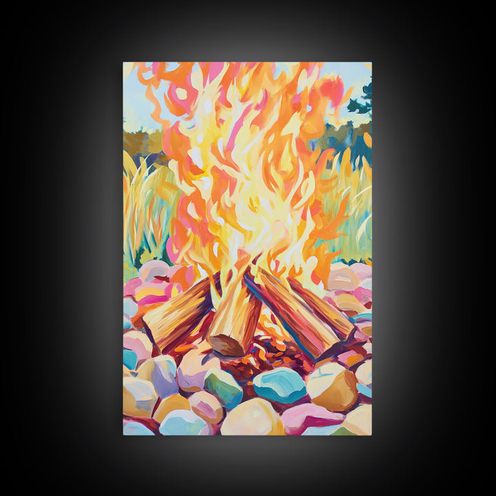 Vibrant Campfire With Painted River Stones Canvas Print, Cozy Wall Art, Cabin Decor, Rustic Outdoor Home Decor Gift For Him